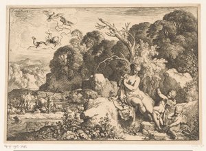 Venus zittend op een rots, vergezeld door drie putti door Christian Wilhelm Ernst Dietrich