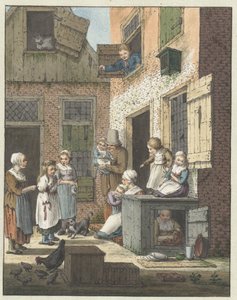 Groep mensen voor de deur van een woning