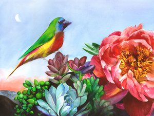 Kleurrijke pioenrozen- en vogeltuin door Christine Lindstrom