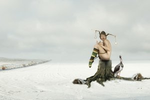 Naakte nar in een winters tafereel