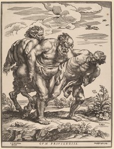 Silenus vergezeld door een sater en een faun door Christoffel Jegher after Sir Peter Paul Rubens