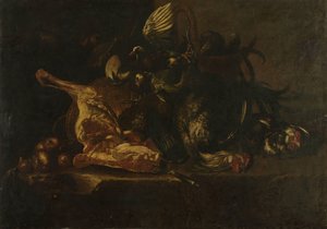 Stilleven met vlees en dode vogels