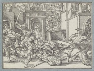 Vechtende soldaten in een stad door Christoffel van Sichem (I)