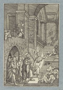 Petrus en de andere apostelen worden door een engel bevrijd uit de gevangenis door Christoffel van Sichem (II)