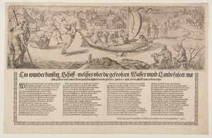 Broadside met een schuit die op het ijs vaart