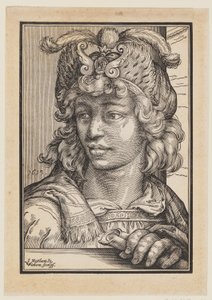 Borstbeeld van een jonge man met gevederde muts door Christoffel van Sichem I
