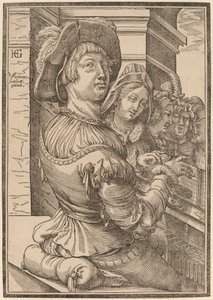 Een Jonge Man die een Psalterium Speelt door Christoffel van Sichem I after Hendrik Goltzius