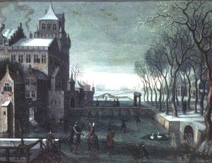 Een Winterlandschap met Figuren die Schaatsen bij een Kasteel met Gracht door Christoffel van den (circle of) Berghe