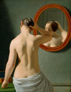 Een naakte vrouw doet haar haar voor een spiegel door Christoffer Wilhelm Eckersberg