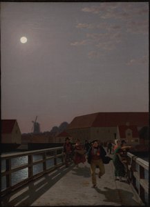 Langebro, Kopenhagen, in het Maanlicht met Rennende Figuren door Christoffer Wilhelm Eckersberg