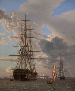 Het Russische linieschip "Asow" en een fregat voor anker op de rede van Helsingør door Christoffer Wilhelm Eckersberg