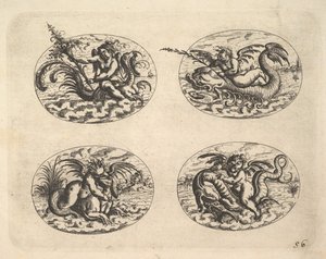 Vier ovalen met genieën, platen uit het Neue Grotessken Buch, 1610 door Christoph Jamnitzer