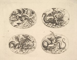 Putti met zeemonsters, platen uit het Neue Grotessken Buch, 1610 door Christoph Jamnitzer