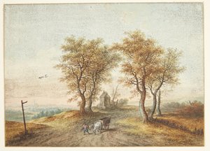 Landschap met bomen langs een landweg en een kapel