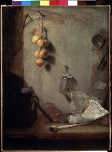 Stilleven met uien, keukentafel en glazen pot door Christoph Paudiss