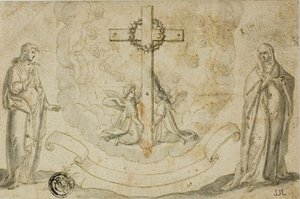 Maria en Johannes de Evangelist zien een visioen van het kruis vastgehouden door twee engelen
