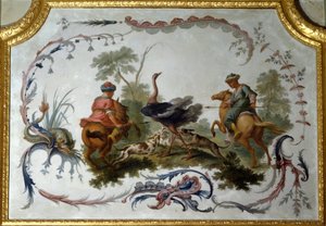 Struisvogeljacht paneel van de grote woonkamer van het kasteel van velden op marl. Muurdecor geschilderd door Christophe Huet door Christophe Huet