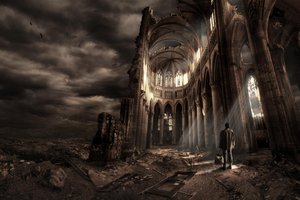 Man in een verwoeste kathedraal door Christophe Kiciak