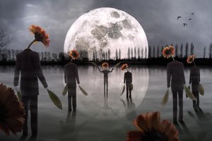 Figuurtjes met bloemenkoppen bij maanlicht door Christophe Kiciak