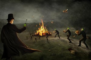 Mysterieuze man die boeken verbrandt
