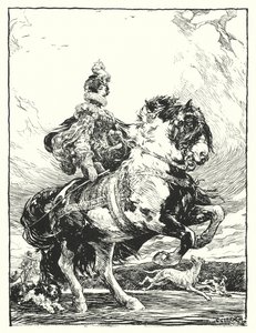 Vrouw in Tudor-kostuum op jacht te paard (litho)
