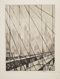 Kijkend door Brooklyn Bridge, uitgegeven 1921 door Christopher Richard Wynne Nevinson