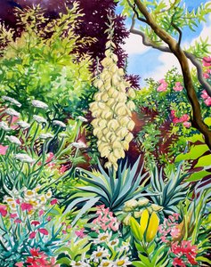 Tuin met bloeiende yucca