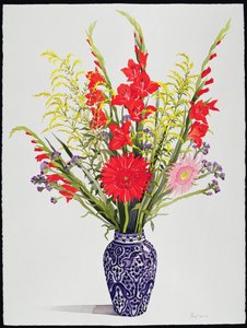 Tijgerlelies, Gladiool en Scabiosa in een Blauwe Marokkaanse Vaas