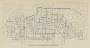 Plan van Sir Christopher Wren voor de herbouw van het verbrande gebied over de bestaande straten