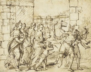 Het Lupercalian Festival in Rome: Cupido en personificaties van vruchtbaarheid ontmoeten de Luperci verkleed als honden en geiten door Circle of Adam Elsheimer