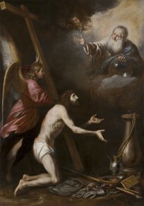 Spaans: Cristo flagelado arrodillado ante Dios Padre (Gegeselde Christus knielend voor God de Vader) door Circle of Antonio del Castillo y Saavedra