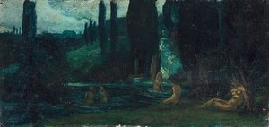 Badende vrouwen in de avond in een zuidelijk landschap door Circle of Arnold Böcklin