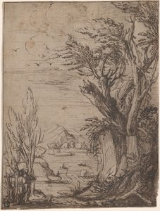 Landschap met Kromme Bomen en Visser door Circle of Jacques de Gheyn