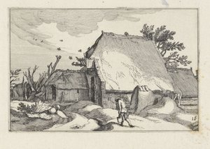 Boerderij en man met twee emmers door Claes Jansz. Visscher (II)