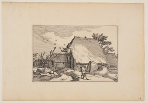 Een boerderij, man met twee emmers op pad ervoor, uit Landschappen (Verscheyden aerdige Lanthuysen...) door Claes Jansz. Visscher