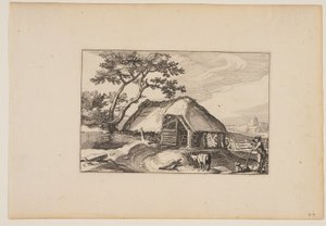 Schuur, kudde rustend op zijn stok op de rechter voorgrond, uit Landschappen (Verscheyden aerdige Lanthuysen...) door Claes Jansz. Visscher