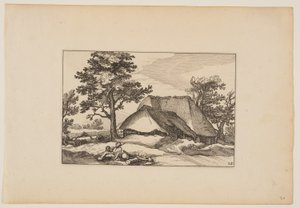 Schuren, rustende kudde en hond op de voorgrond, uit Landschappen (Verscheyden aerdige Lanthuysen...)