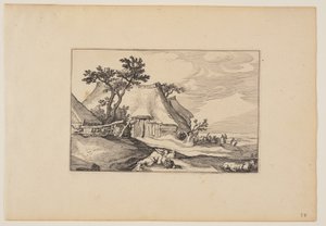 Schuren, rustende man met mand eieren op de voorgrond, uit Landschappen (Verscheyden aerdige Lanthuysen...) door Claes Jansz. Visscher