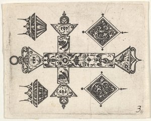 Blackwork print met een Latijns kruis en vier motieven, ca. 1620