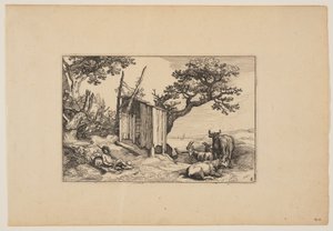 Bouwvallige schuur met kudde en vee, uit Landschappen (Verscheyden aerdige Lanthuysen...)