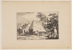 Boerenerf, Man rustend op een hek links van het midden, uit Landschappen (Verscheyden aerdige Lanthuysen...)
