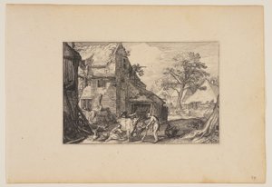 Boerenerf, met verloren zoon tussen de varkens, uit Landschappen (Verscheyden aerdige Lanthuysen...) door Claes Jansz. Visscher