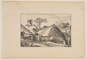 Two Barns, Cart at Left, from Landscapes (Verscheyden aerdige Lanthuysen...) door Claes Jansz. Visscher