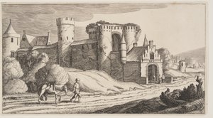 Een boer met een paard op een weg nabij stadsmuren, uit Landschappen (Playsante Lantschappen) door Claes Jansz. Visscher II