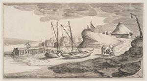 Boten aan wal bij een uitkijktoren, uit Landschappen (Playsante Lantschappen) door Claes Jansz. Visscher II