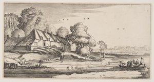 Eenden schieten vanaf een rijtjesboot bij een boerderij, uit Landschappen (Playsante Lantschappen) door Claes Jansz. Visscher II