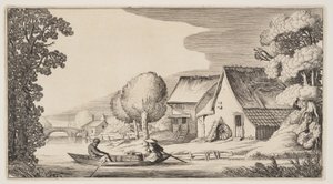 Boer en boerin in een rijtjesboot, uit Landschappen (Playsante Lantschappen) door Claes Jansz. Visscher II