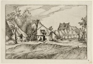Boerderijen in een dorp, plaat acht naar afbeeldingen van boerderijen, landhuizen en rustieke dorpen (Praediorum villarum et rusticarum casularum icones) door Claes Jansz. Visscher II