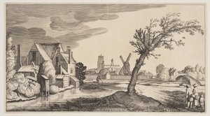 Huis aan een vijver buiten een stad, uit Landschappen (Playsante Lantschappen) door Claes Jansz. Visscher II