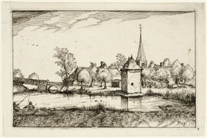 Vijver en een dorp, plaat vijftien naar afbeeldingen van boerderijen, landhuizen en rustieke dorpen (Praediorum villarum et rusticarum casularum icones) door Claes Jansz. Visscher II